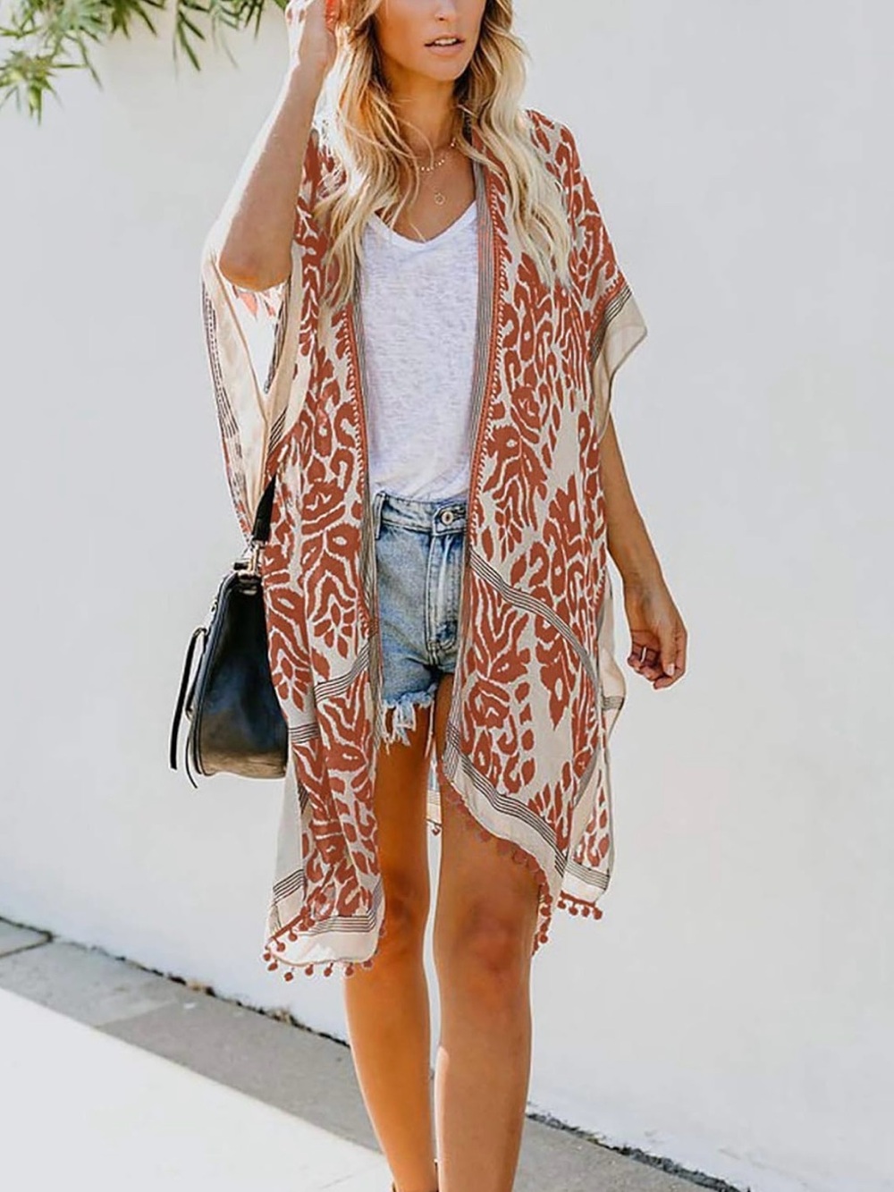 2/30$ NWOT Terracotta & Cream Patterned Boho Kimono-Beach Cover Up - Picture 4 of 8